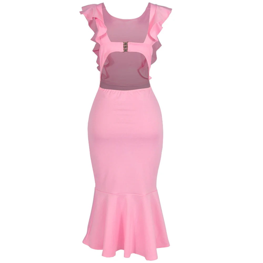 

Dower Me Sexy Backless Sheath Bodycon Yellow Women Dress O Neck Sleeveless Ruffled Vestidos Cocktail Party Summer Maxi Red Dress