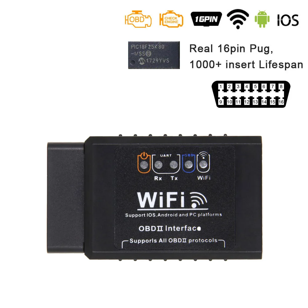 V1.5 WIFI Black ELM327 V2.2 PIC18F25K80 OBD2 bluetooth 4,0 wifi сканер для Android/IOS ELM 327 V1.5 Wi-Fi OBD OBD2 автомобильный диагностический сканер инструмент - Цвет: V1.5 WIFI Black