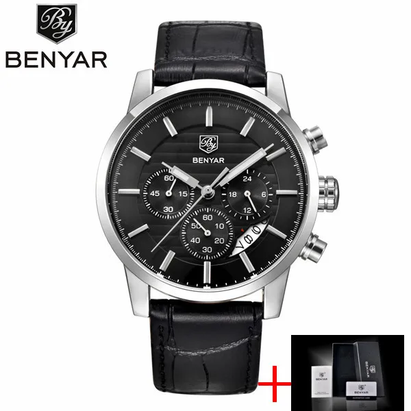 L silver black B BENYAR, модные спортивные мужские часы с хронографом из нержавеющей стали, лучший бренд, Роскошные Кварцевые бизнес часы, часы, Relogio Masculino - Цвет: L silver black B
