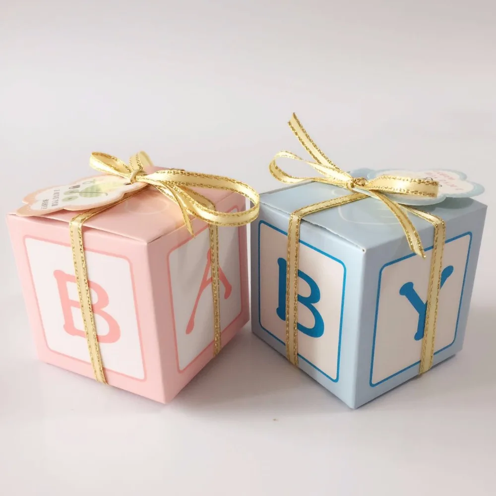 50pcs/pack DIY Pink Blue Lovely Shower Baby Candy Box Letter BABY Printed Gift Golden Ribbon Card for Kids Party Christmas|cards kids|card cardcard