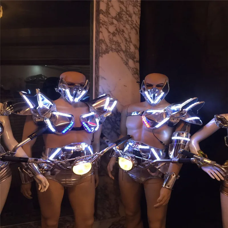 

AS89 Ballroom dance led costumes robot men stage wears dj vest luminous outfit dress bra disco cosplay suit handlebar mask cloth