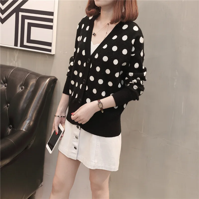 Korean Autumn 2018 Preppy Button Cardigan Women Polka Dot V-neck Sweet Girl Lady Knitted Mujer Clothes Sweater |