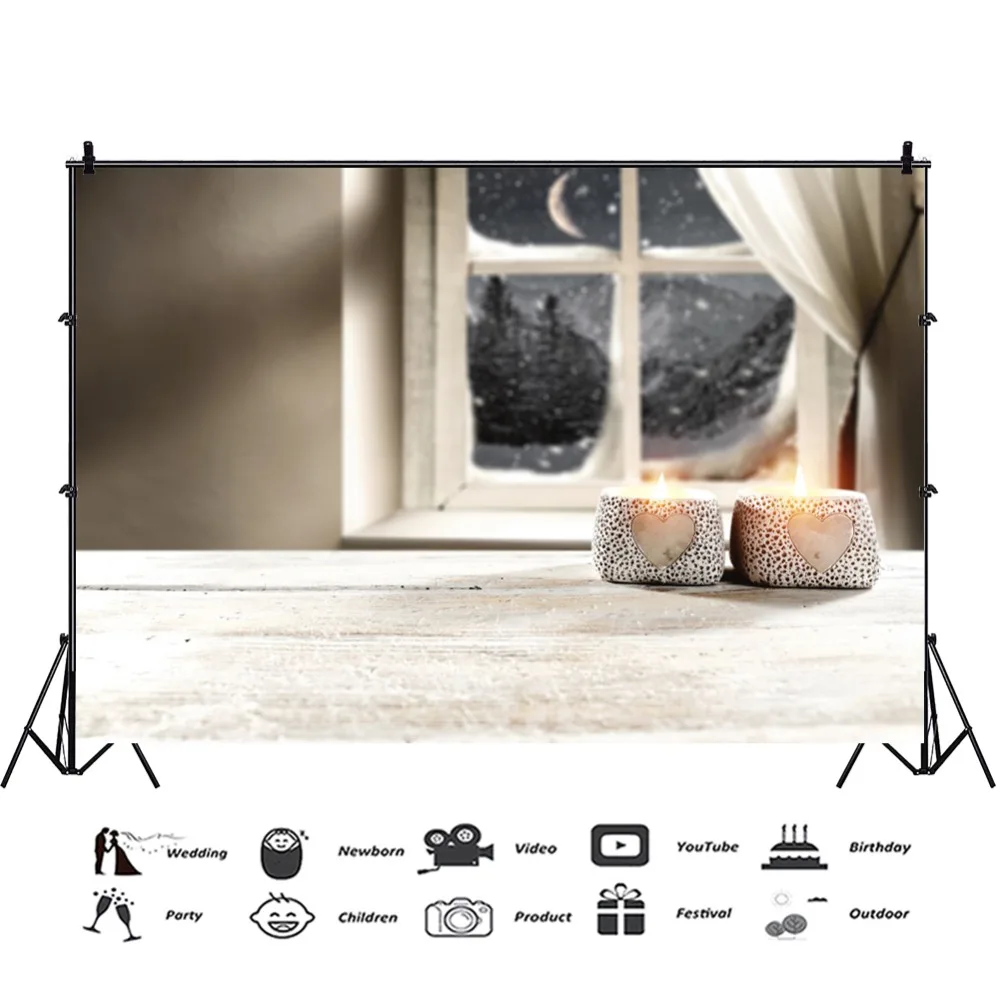 Laeacco Gray Window Curtain Planks Candle Heart Moon Pine Baby Scenic Photo Background Backdrops Photocall Studio | Электроника