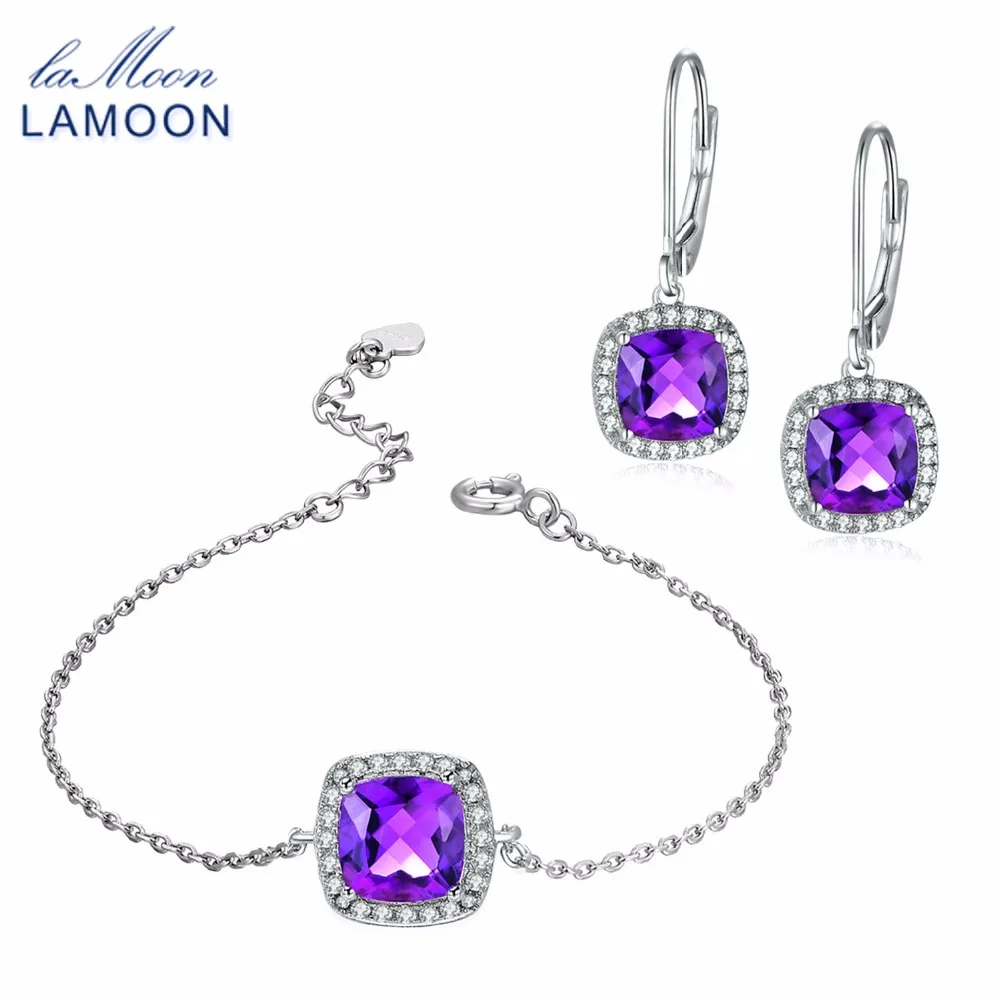 

LAMOON 100% 925 Sterling Silver 2PCS Jewelry Sets For Women Natural Gemstone Square Amethyst S925 Fine Jewelry For Women V001-6