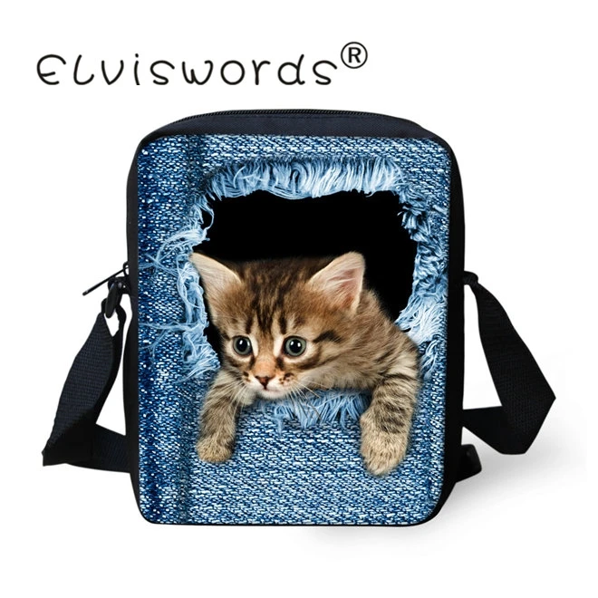 ELVISWORDS 3D джинсовые кошельки через плечо с принтом кошки женские сумки мессенджеры