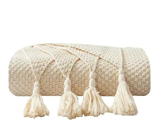 Mantas de punto 100% algod&oacute;n para sof&aacute;, cama, m&uacute;ltiples usos, borlas especiales, ligero, color crema, cuatro Se-0