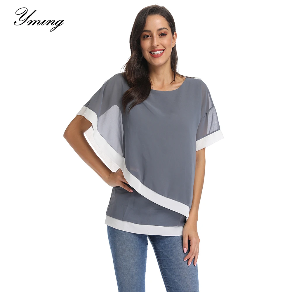 

YMING Summer Chiffon Women Blouses Batwing Sleeve Woman Tops Patchwork Tunic Vintage Plus Large Size Blusas Female Office Shirts