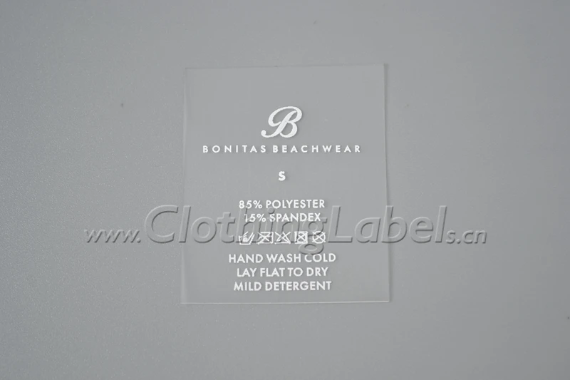 

custom TPU labels for swimwear, size label, waterproof, clear clothing labels