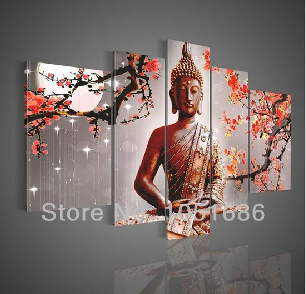 Large Buddha Oil Painting Hand Painted Red Plum Flower Moon Wall Canvas 5 Panel Modern Living Room Decoration Pictures Frameless