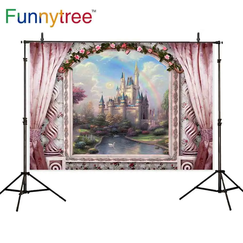 Фон для фотосъемки Funnytree сказка Страна Чудес Радужный замок окна розовый Фотофон