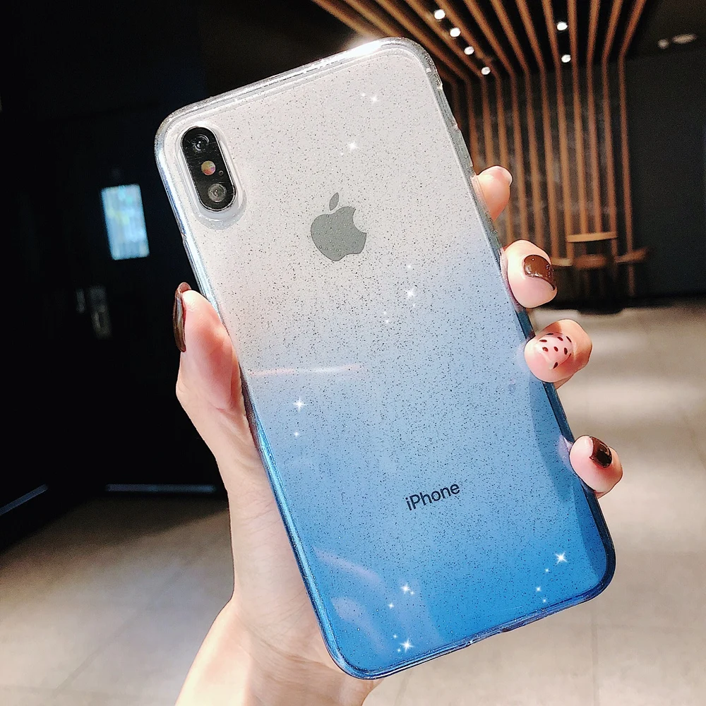 Blue Для iPhone X XR XS 11 Pro Max 8 7 6 6s Plus сверкающий блеск Радужный прозрачный градиентного цвета Мягкая силиконовая задняя накладка из ТПУ чехол - Цвет: Blue