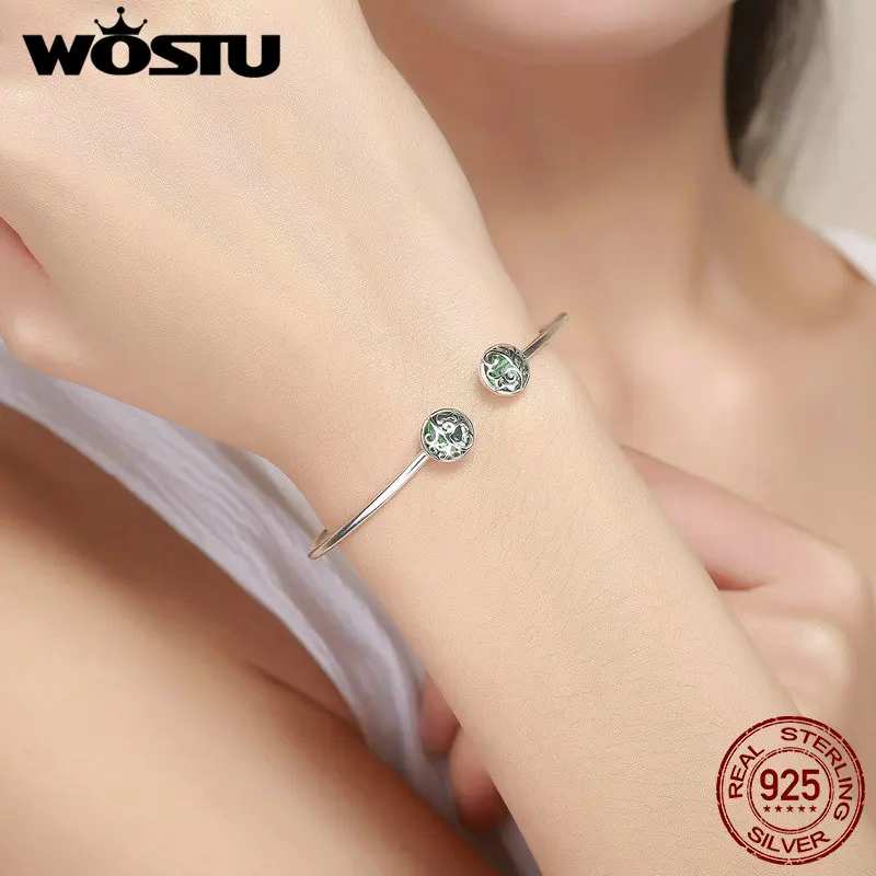 WOSTU Настоящее 925 пробы, Серебряное Древо жизни, Зеленый Кристалл, CZ, женские открытые манжеты, браслет, роскошные серебряные ювелирные изделия FIB057