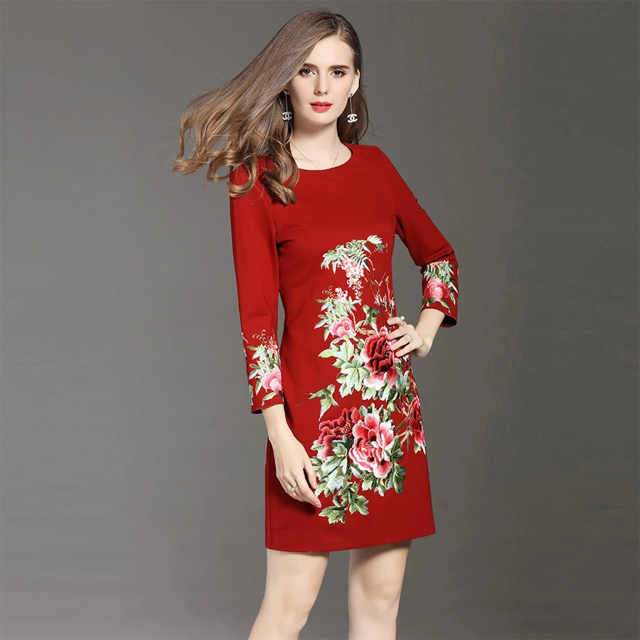 Женское мини-платье с цветочной вышивкой осенне-зимнее платье высокого качества
