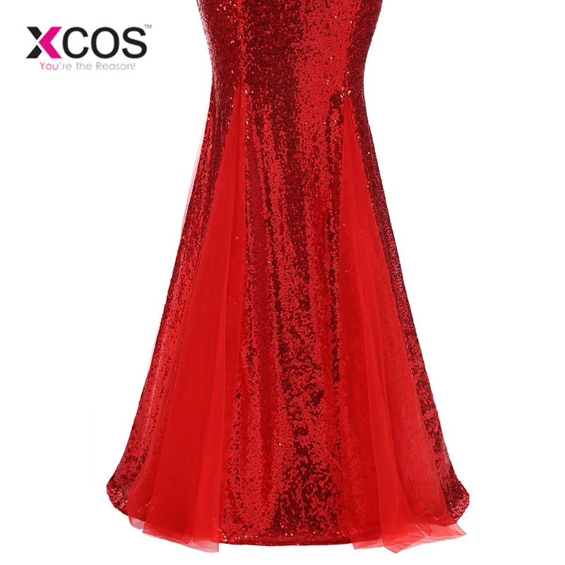 XCOS серебристо красное платье с блестками для выпускного вечера вечерние платья в