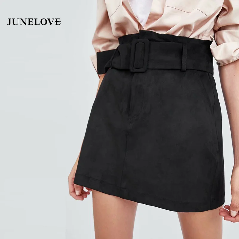 JuneLove 2019 черная мини-юбка из искусственной замши с эластичным поясом и карманами
