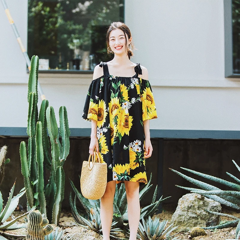 

Customized Women's Casual Bow Shoulder Strap Loose Sling Dress Ladies Sunflower Printed Cute Plus Size Above Knee A-Line Dresses