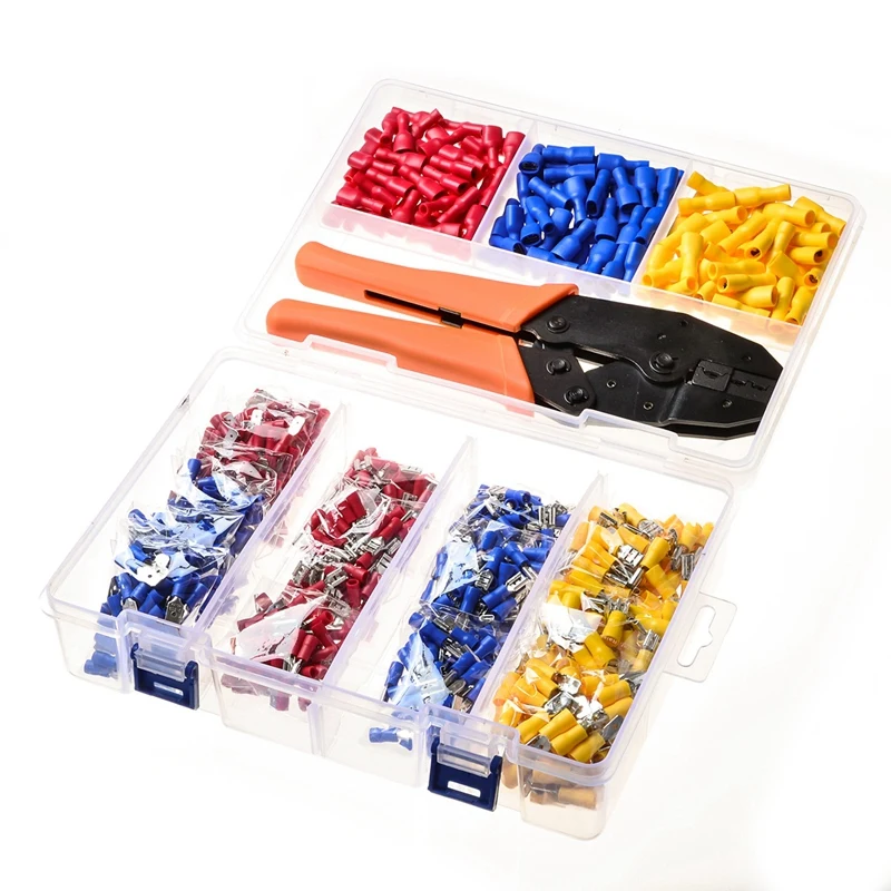 HOT-900Pcs Assorted Crimp Terminals Insulated Male/Female Spade Wire Butt Connectors Kit +1Pc Electrical Crimping Pl | Инструменты