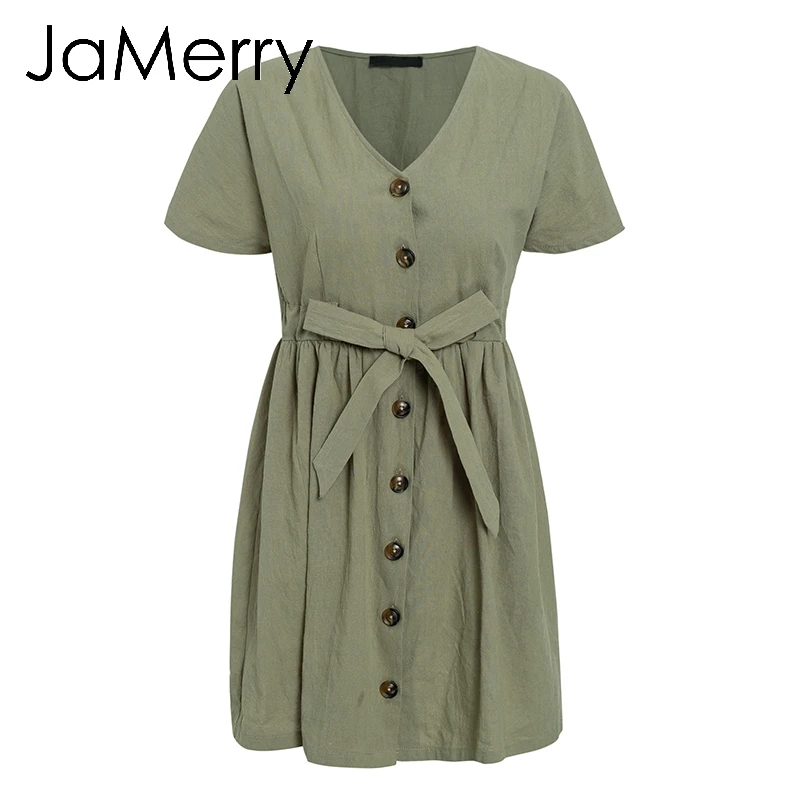 Gray Green JaMerry, винтажное однотонное мини-платье на пуговицах, женские платья с коротким рукавом из хлопка и льна, Повседневная Уличная одежда, корейское летнее праздничное платье - Цвет: Gray Green