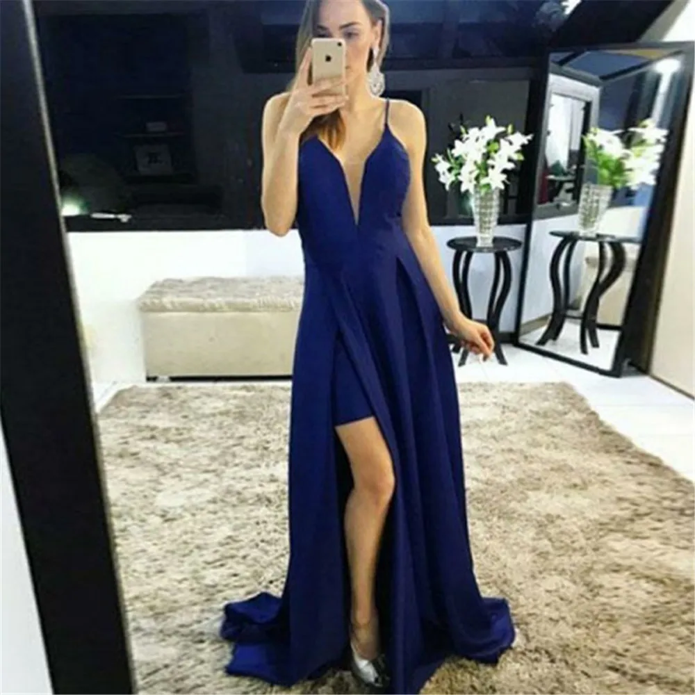 

Элегантные длинные платья Королевского синего цвета для подружек невесты с Боковым Разрезом на бретелях трапециевидная эластичная атласн...