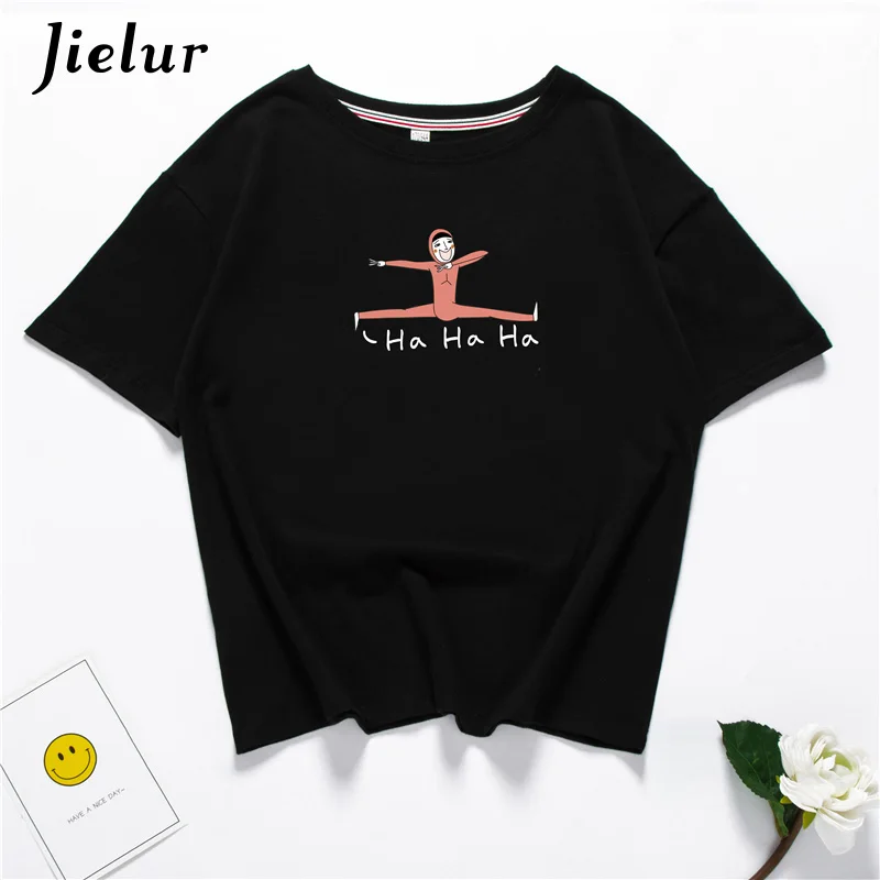 Jielur счастливый Harajuku Kawaii печатных забавная футболка Femme хлопок белая черный M-XXL