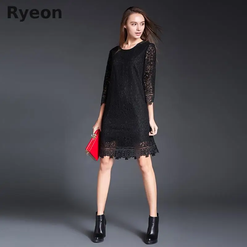 Ryeon Vintage Black Lace Dress A Line Solid Three Четверти Ни колен Регулярное Natural O образным Вырезом