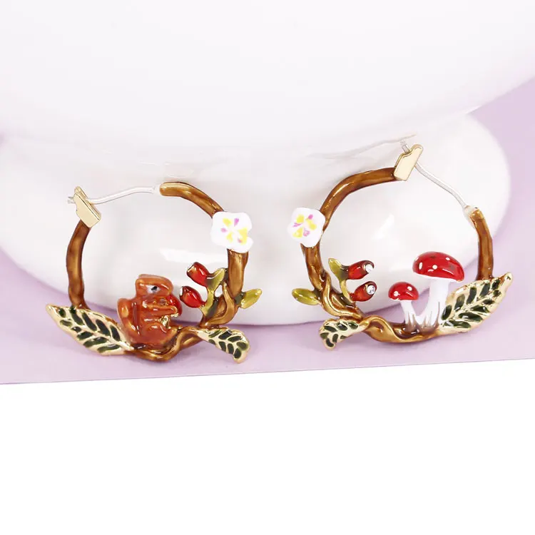 Белка гриб Асимметричные круглые серьги Модные ювелирные изделия Sieraden Joyas