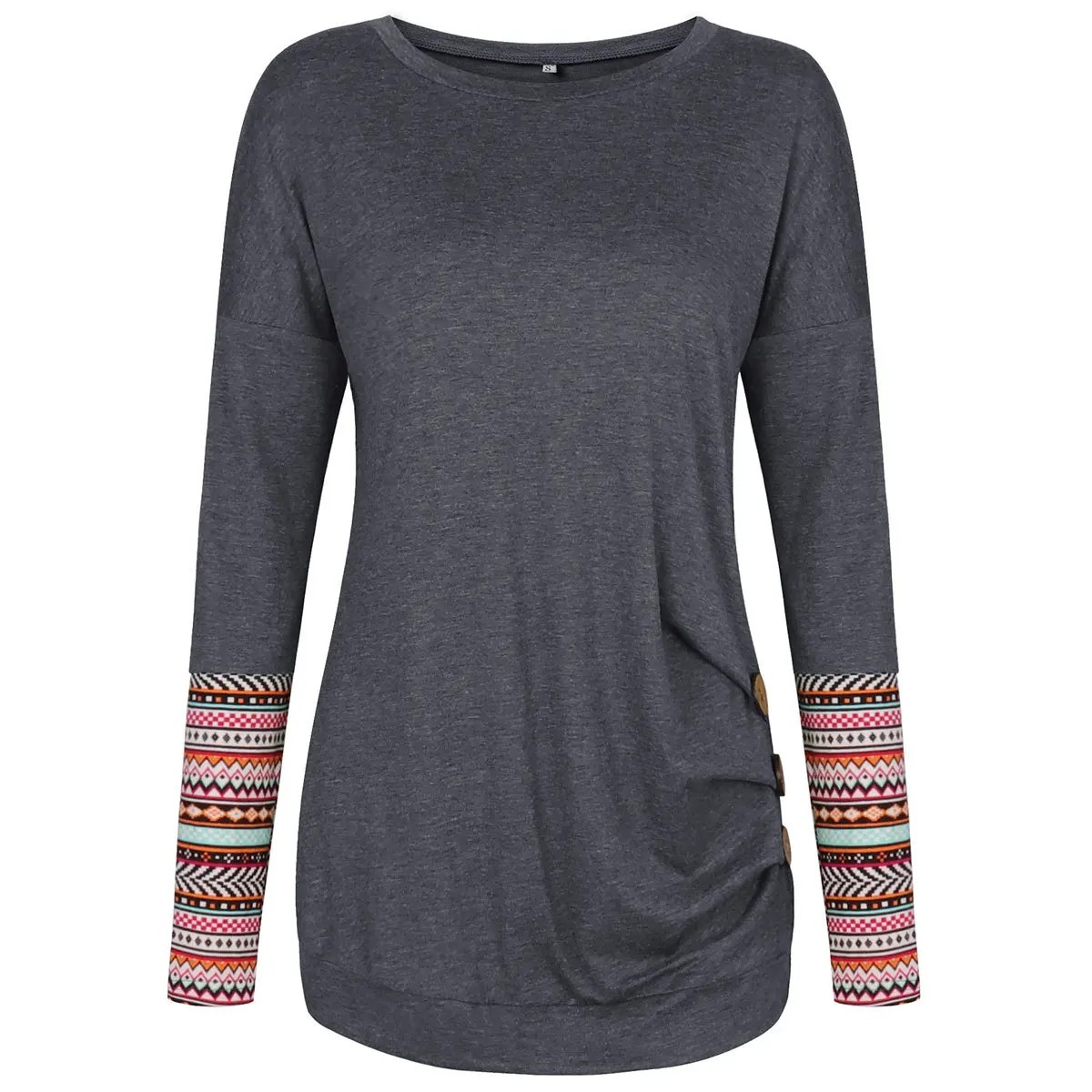 Women Black Top Fashion Button Pleated Long Sleeve T-Shirts Brand 2019 Autumn Spring T-shirt Casual O Neck Lady Green Grey | Женская
