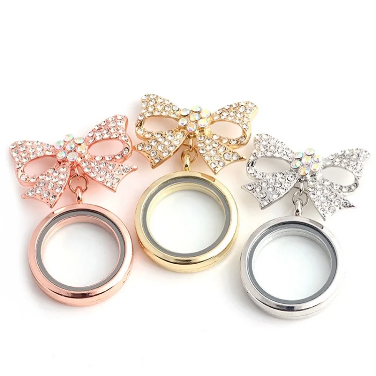 3PCS Rhinestone Flower Bowtie Round Glass Brooches Living Memory Lockets Fit DIY Floating Charms Pendant Jewelry | Украшения и