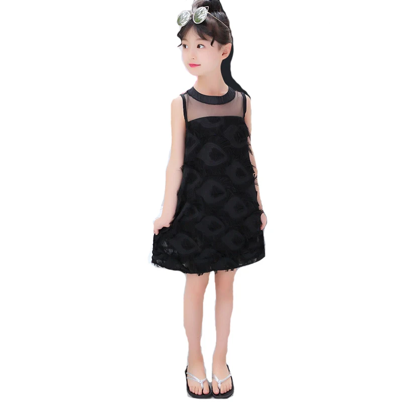 VYU Girls Dresses 4~14 Yrs Children Clothing Summer 2020 Cotton O-Neck Strap Princess Dress Feather Tassel Sweet Vestido | Детская