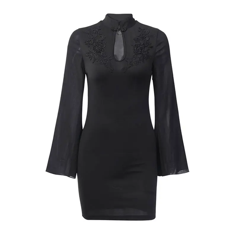 Летние винтажные шикарные готические Cheongsam черные женские мини платья