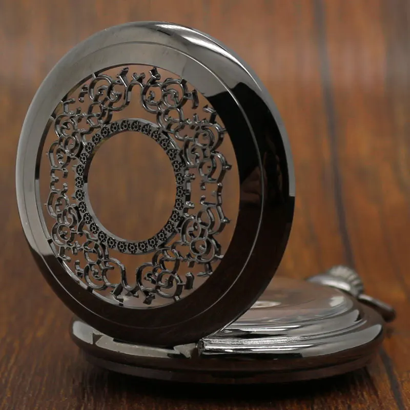 

Steampunk Hollow Black Flower Semi-Automatic Mechanical Pocket Watch Men Women Watches Chain Vintage Black Clock Gifts with Box