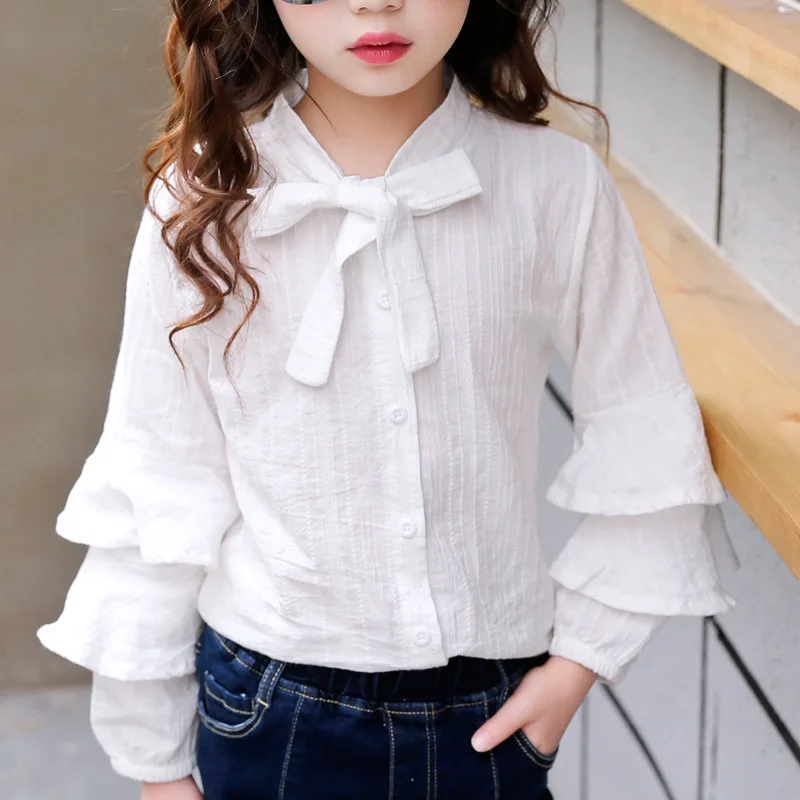Школьные блузки для девочек 3 14 лет однотонные рубашки детей топы с бантом