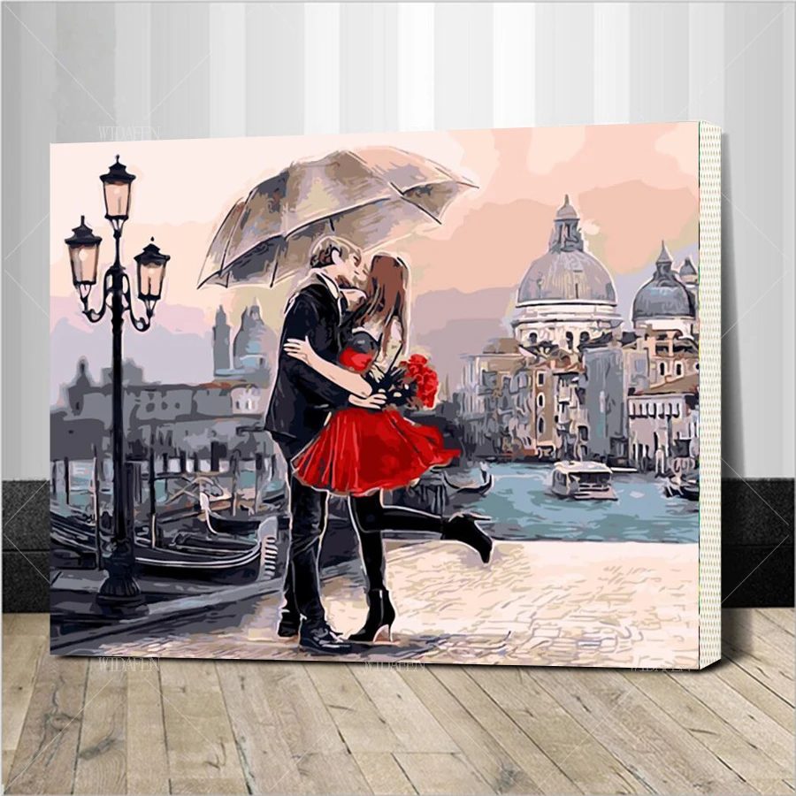 

Framed Romantic Kiss Lover DIY Painting By Numbers Landscape Acrylic Picture Wall Art Hand Painted Oil For Home Deco