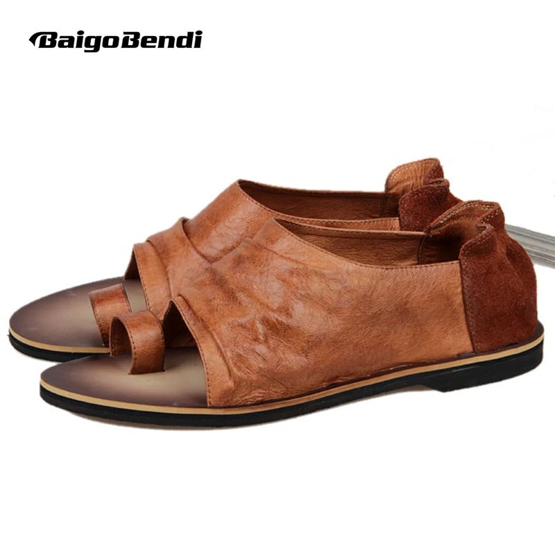 US-6-10 Men's Vintage Genuine Leather Casual Beach Flats Roman T-strap Sandals Summer Outdoor Shoes