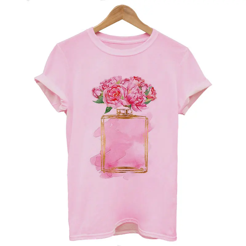 2236-Pink Женская одежда новые летние Harajuku модные духи с цветочным принтом женская футболка женская обувь для отдыха в стиле тонкие печатных футболка Топ - Цвет: 2236-Pink