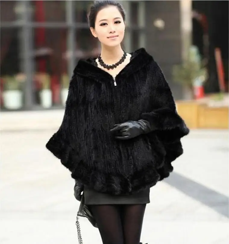 

Women's fur coat Fashion 100% Genuine Mink Fur Shawl Poncho With Hoody Women Knitted Mink Fur Coat Winter Furs black Brown P80