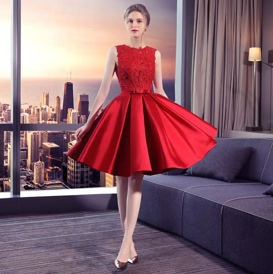 Красный Vestido invitada corto2019 Новое Кружевное атласное платье с лямкой на шее, алиновое красное свадебное платье, недорогое свадебное платье, vestito damigella custom bruidsmeisjes jurk - Цвет: Красный
