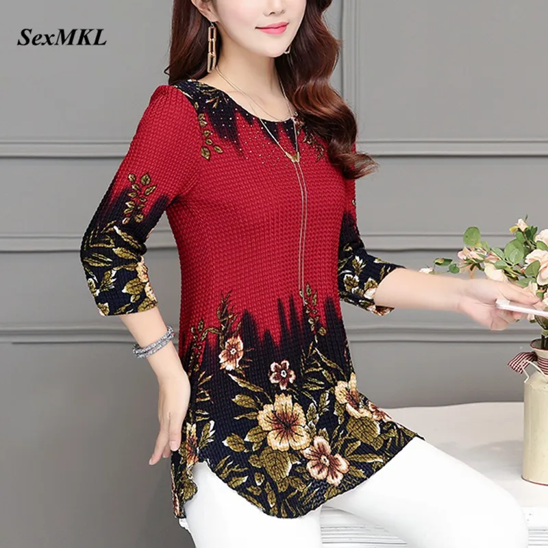 

SEXMKL плюс размер женские топы и блузки 2020 модная летняя блузка рубашка красная женская одежда с круглым вырезом цветочный принт женские блуз...