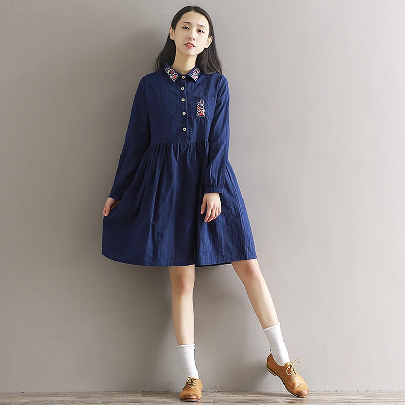 2019 new women Autumn Vintage cotton fresh heart embroidery slim dresses Women's Spring retro clothes plus size casual dress | Женская