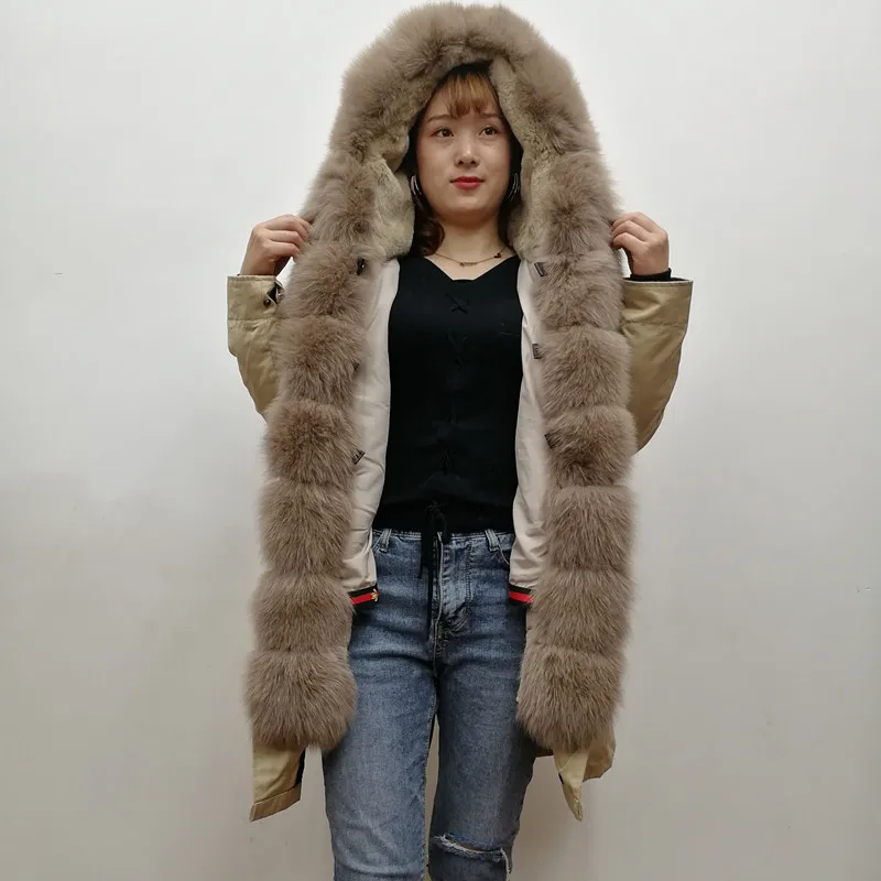 Khaki2 Женский Настоящий мех кролика, парка, куртка, натуральный мех, пальто, зибелин, зимняя длинная толстая теплая верхняя одежда, натуральный Лисий мех, воротник - Цвет: Khaki2