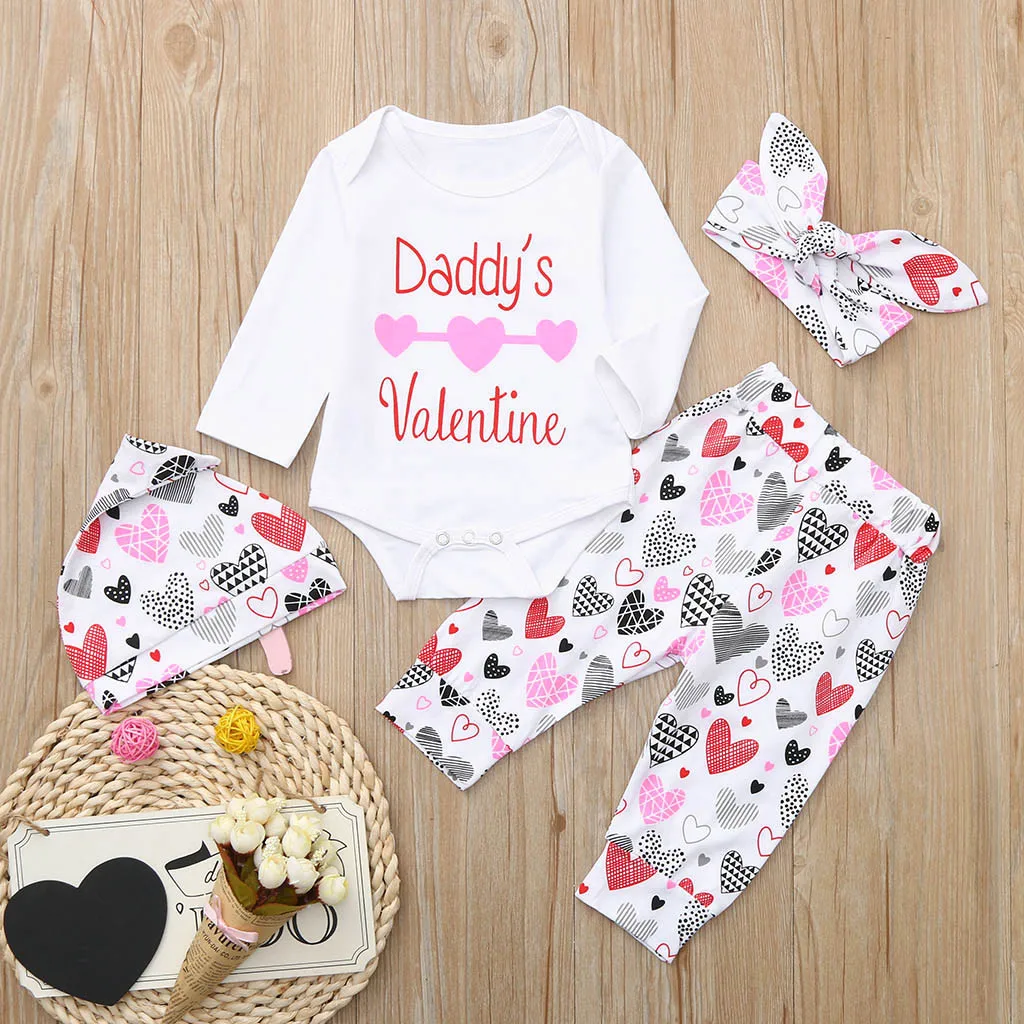Daddy's Valentine Newborn Baby Boy Girl Outfits Cotton Valentines Outfit 4Pcs Letter Heart Romper Pants L1230 | Детская одежда и