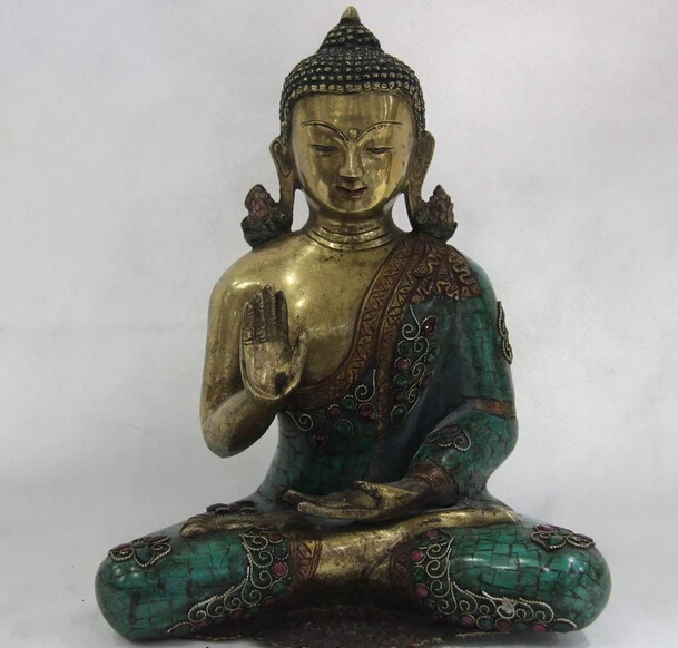 

song voge gem S1496 Tibet Pure Copper Gild inlay Turquoise Ruby Gem Sakyamuni Buddha Amitabha Statue