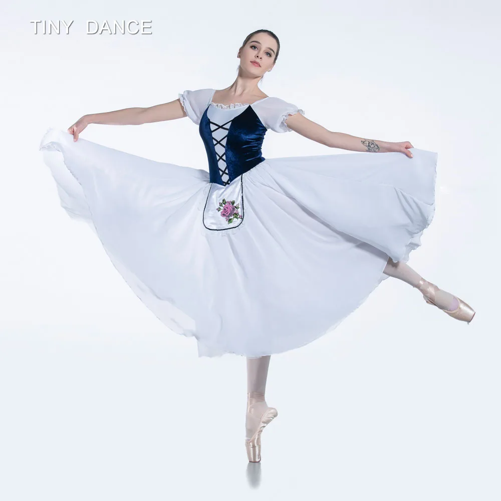 Short Sleeve Dance Costume Navy Blue Bodice and White Chiffon Long Dress for Ballet Dancing Dresses Performance Costumes 19233 |