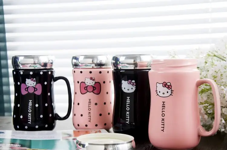 LM1142 керамические бутылки для воды с рисунком hello kitty, для девушек, 430 мл, кружка-чайник с чашкой, коврик, ложка, крышка, можно использовать как зеркало
