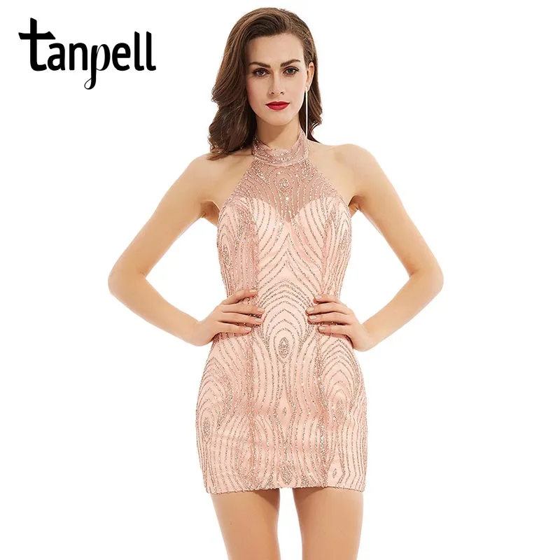 Коктейльное платье Tanpell с лямкой на шее пикантное розовое футляр открытой спиной