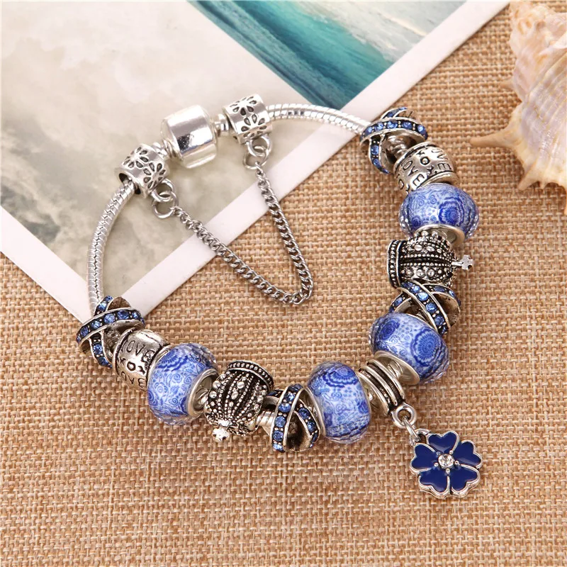 European Style Silver plated Flower Pendant Blue Crystal Fashion DIY Elegant Charms Pand Bracelets &amp Bangles For Women Gift | Украшения
