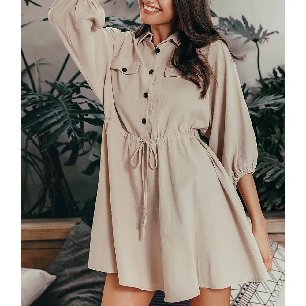 Элегантное льняное короткое платье-рубашка женское Хлопковое платье с длинным