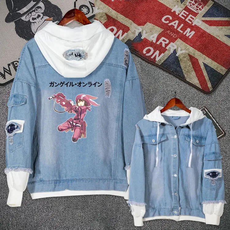 Anime Sword Art Online Alternative Gun Gale Jeans Coat Men Autumn Winter Jacket Hooded Sweatshirt Fashion Denim Outwear | Тематическая