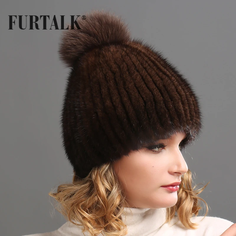 FURTALK ручной вязки естественно норки чернобурки меховые кисточки меховая шапка