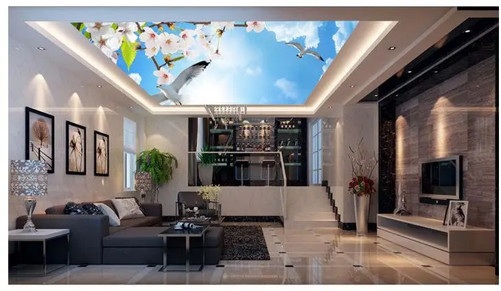 3d потолочные фрески обои небо облака дерево листья персик Бабочка голубей |